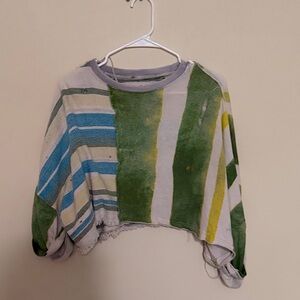 FP Movement by Free People Green Blue Striped Cropped Sweatshirt